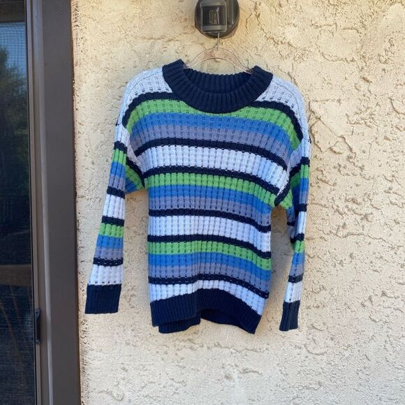 Chunky SO size extra small blue green striped sweater preppy - Picture 6 of 6